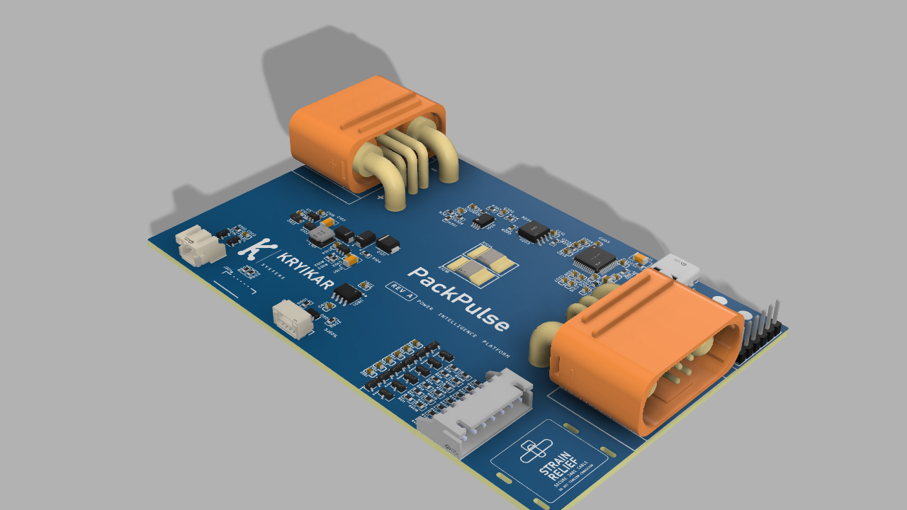 CAD capture of the PackPulse Rev A board from a three-quarter angle