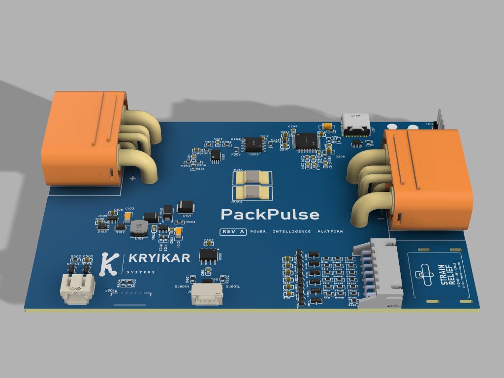 Angled CAD capture showing the PackPulse Rev A I/O edge