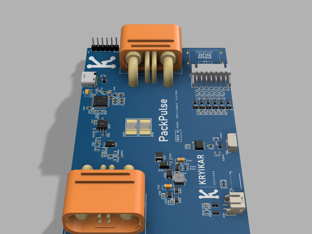 Angled CAD capture showing the PackPulse Rev A high-current power path
