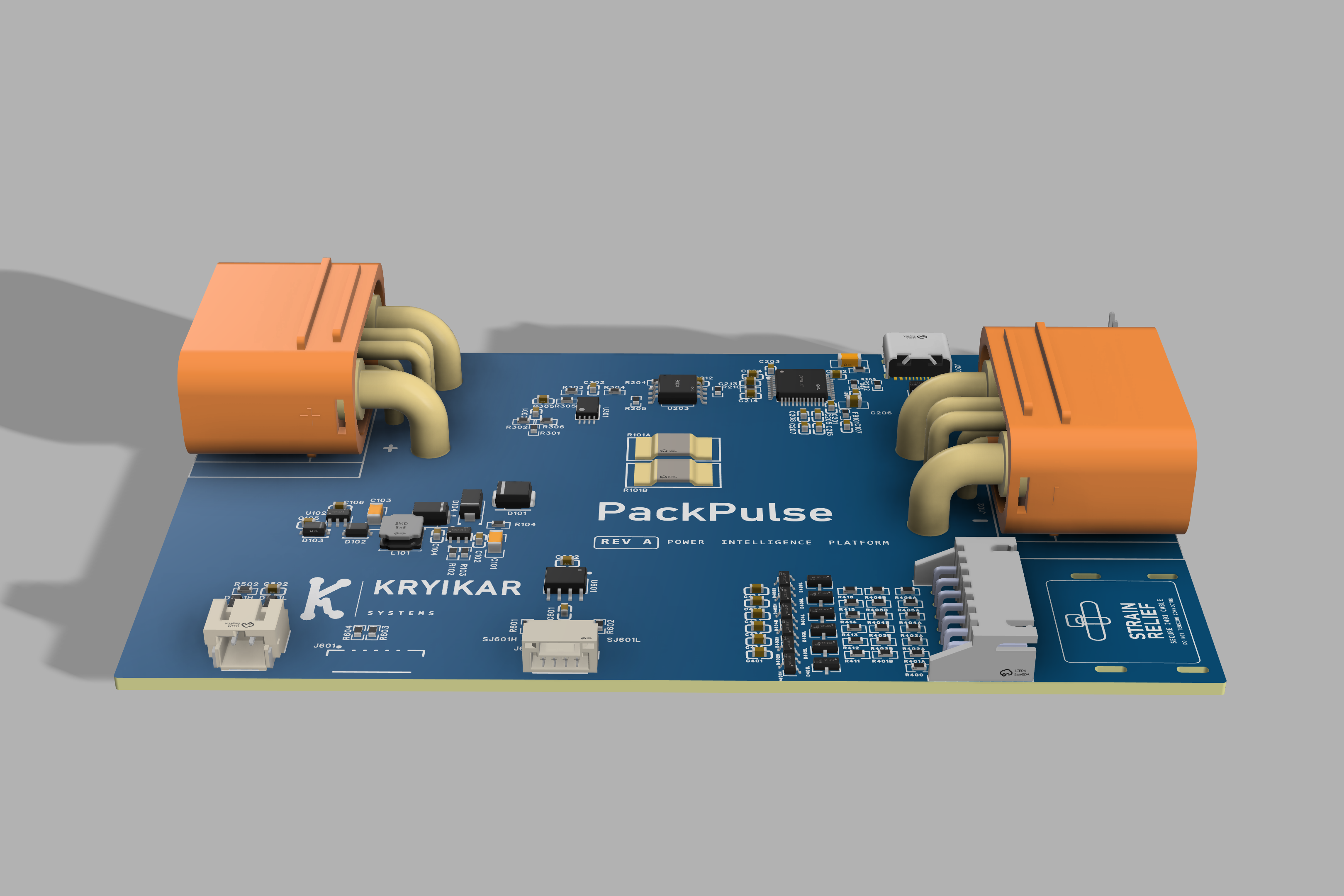 Low-profile CAD capture of the PackPulse Rev A board and connectors
