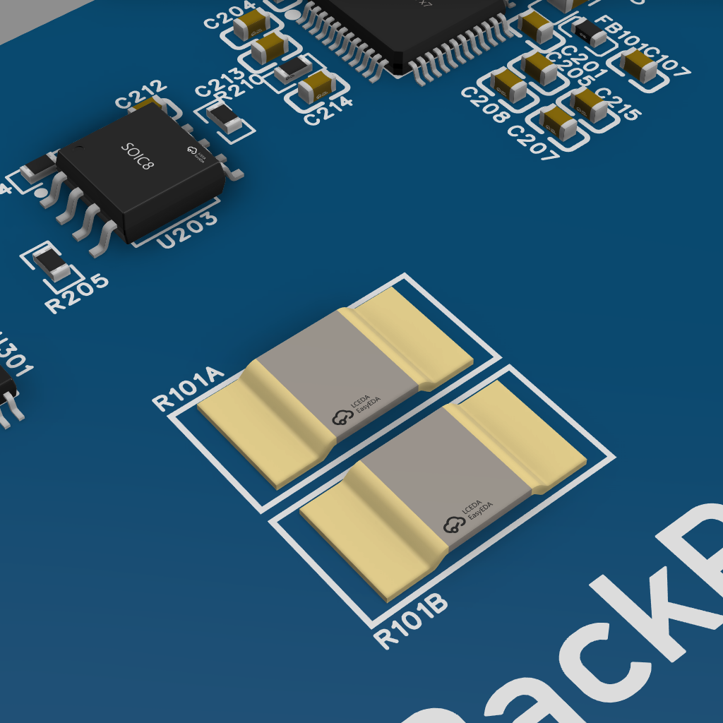 CAD detail capture of the PackPulse Rev A shunt and current-sense area