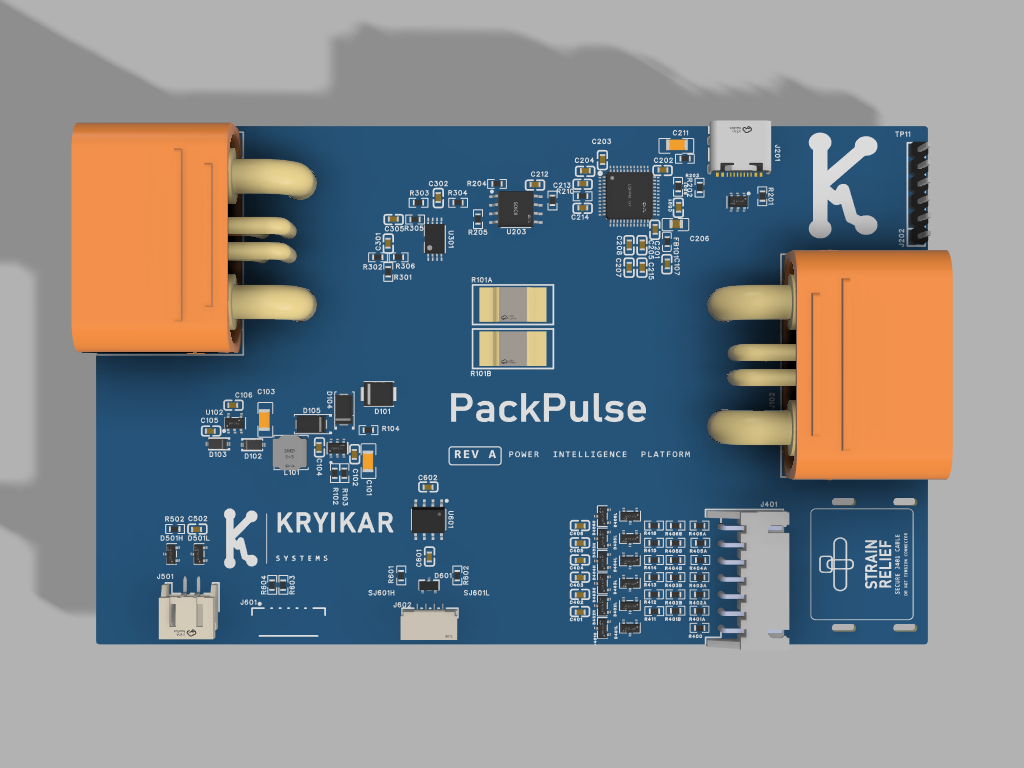 Top-down CAD capture of the PackPulse Rev A component layout